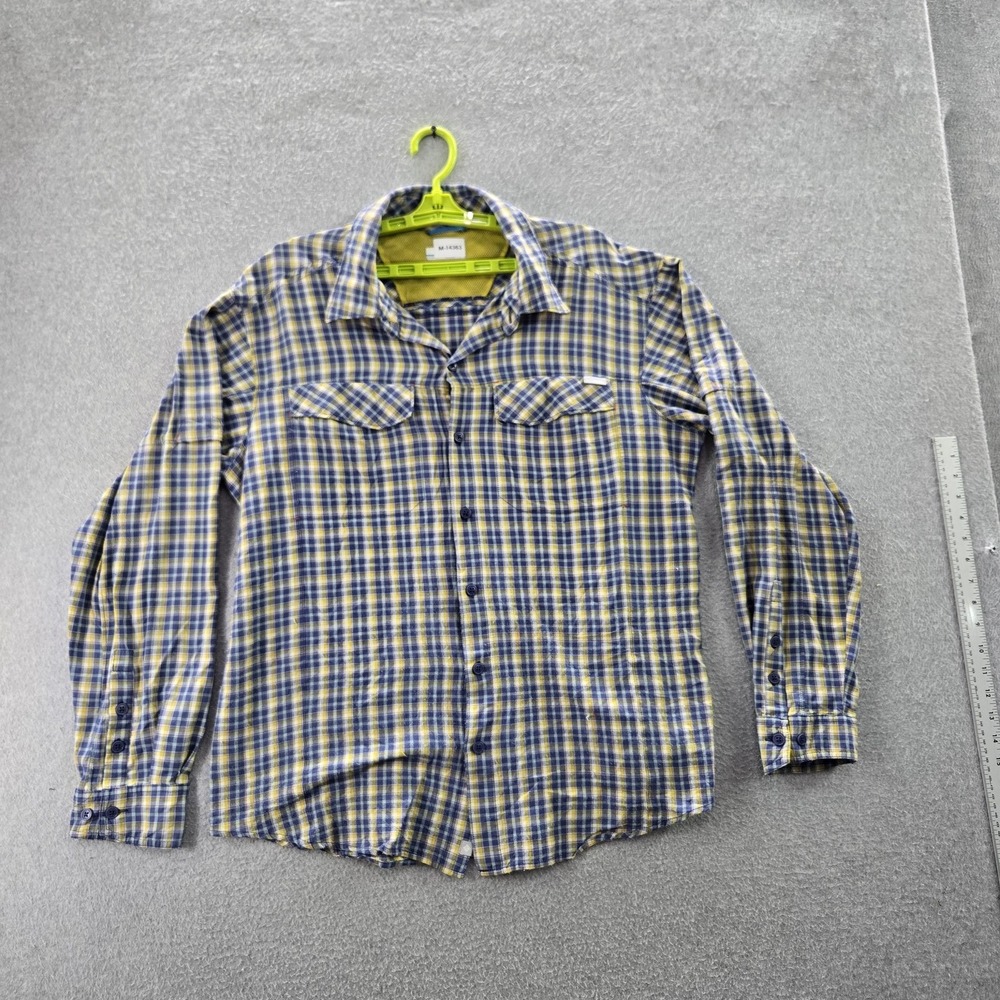 Columbia Men Button Up Shirt XL Yellow Nylon Omni Shield Plaid Outdoor Hiking